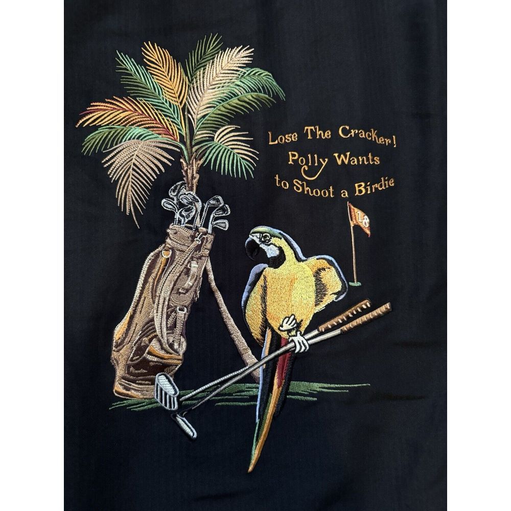 Caribbean Shirt Mens Extra Large Black Hawaiian Polly Wants To Shoot A Birdie